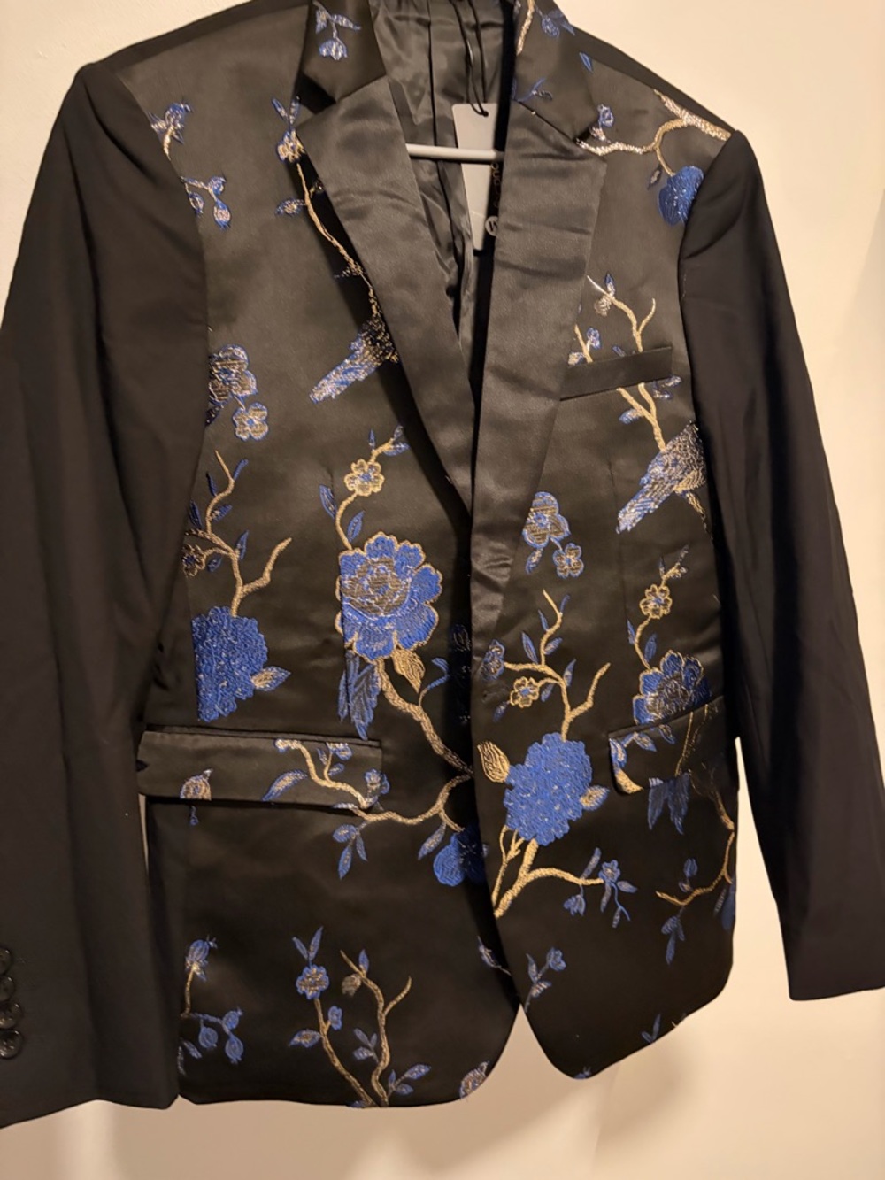 Black Satin Blazer with Blue Floral Embroidery and dress pants